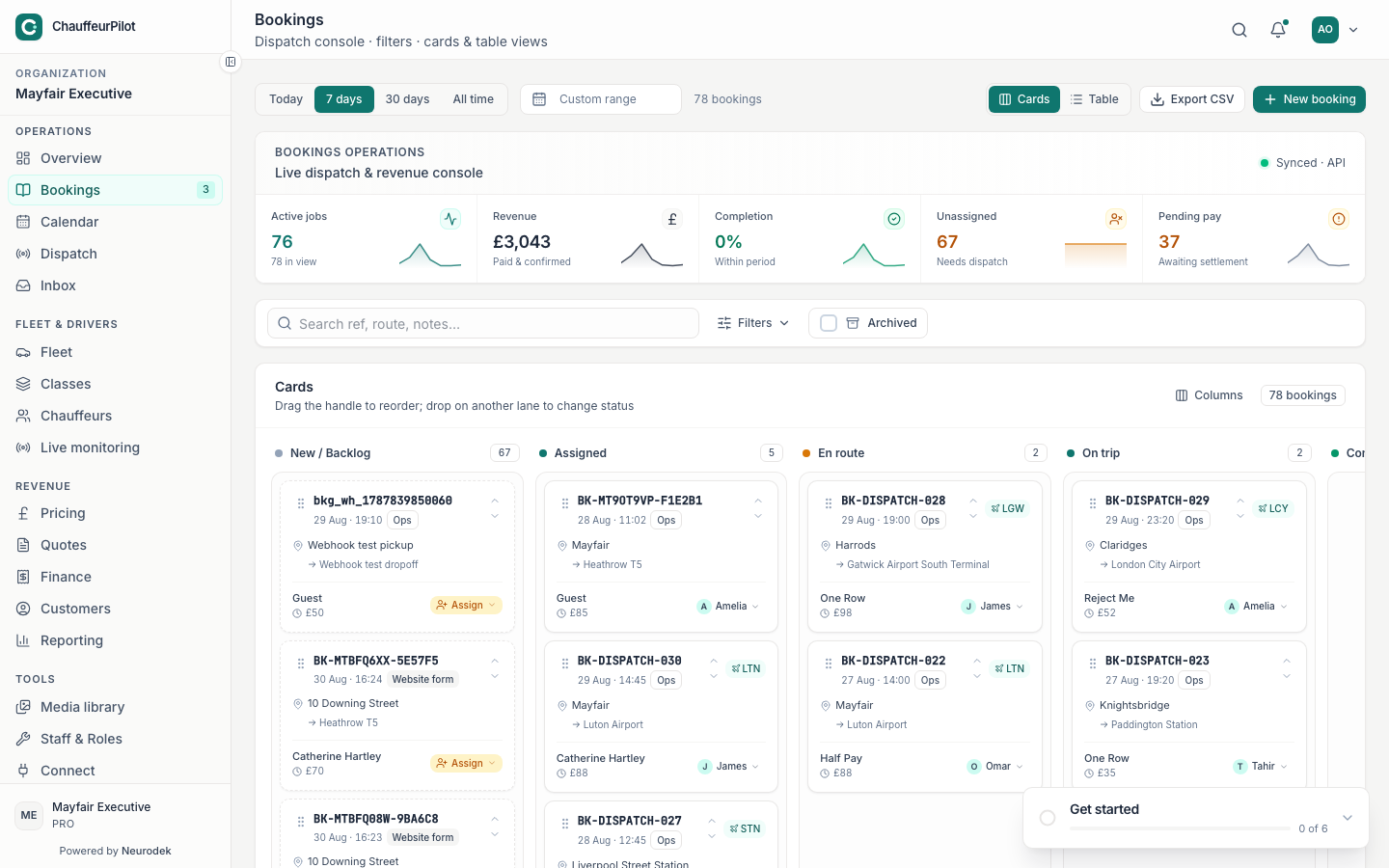 Bookings console for checking status