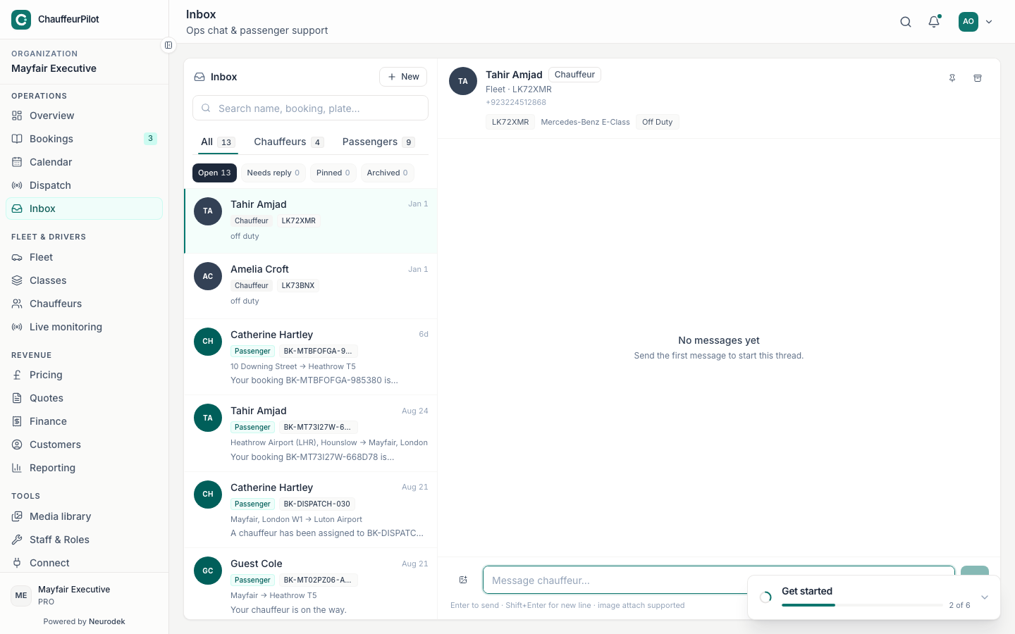 Operator inbox with message threads