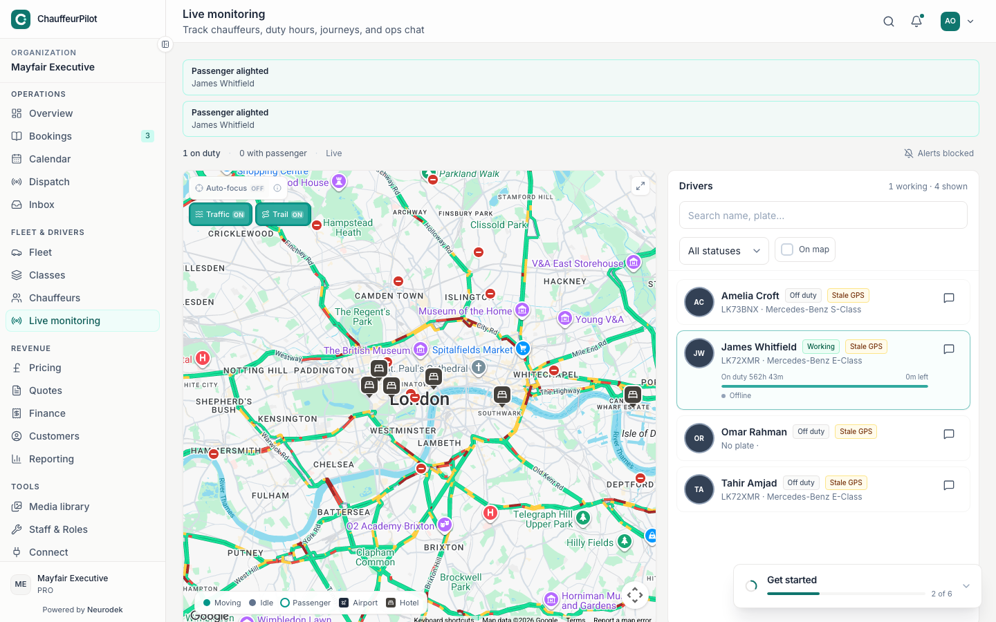 Live monitoring map operators use when drivers are on duty