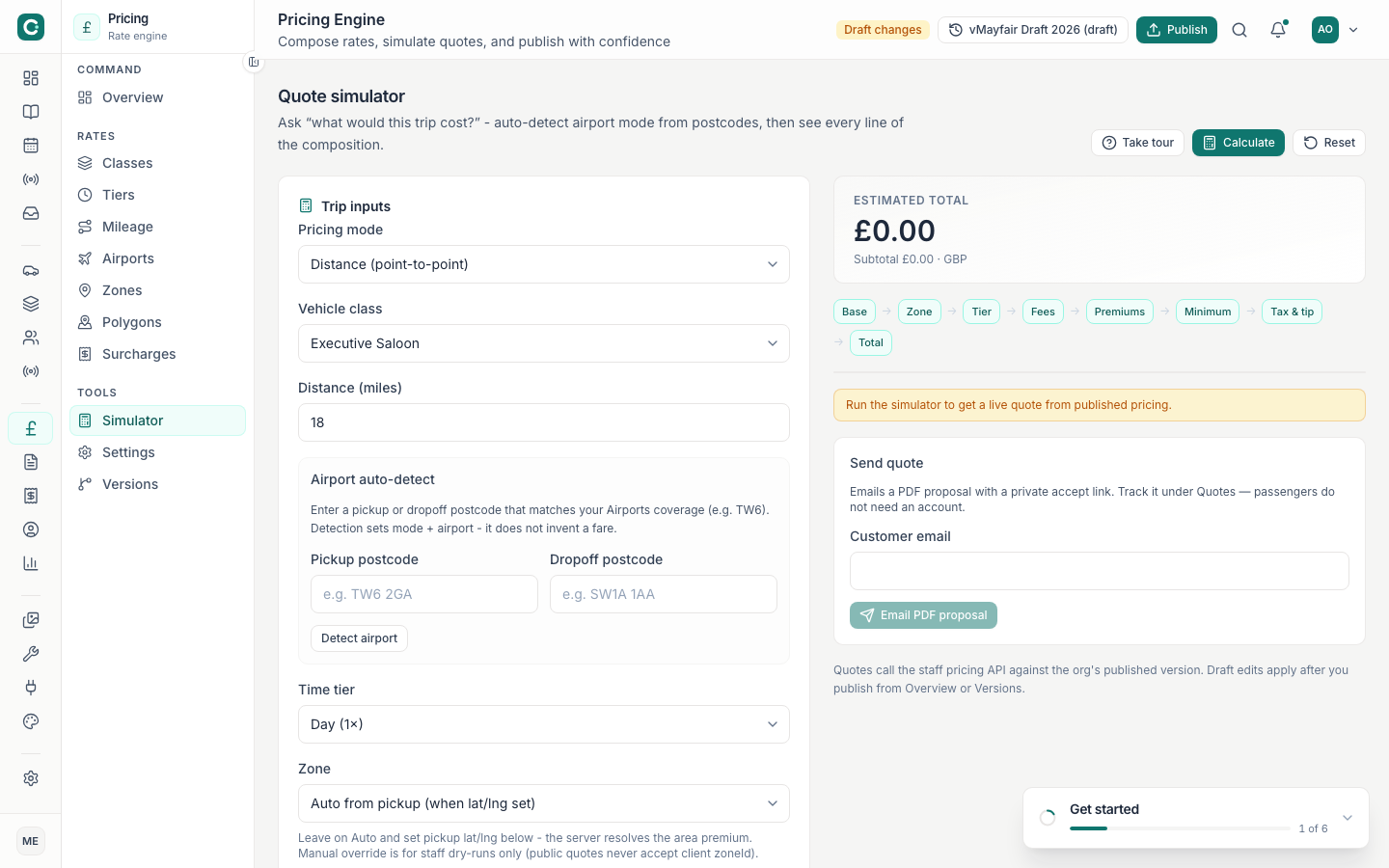 Pricing simulator quoting a sample trip