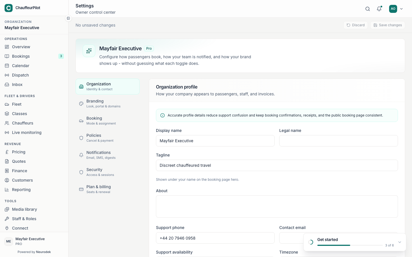 Organisation profile settings